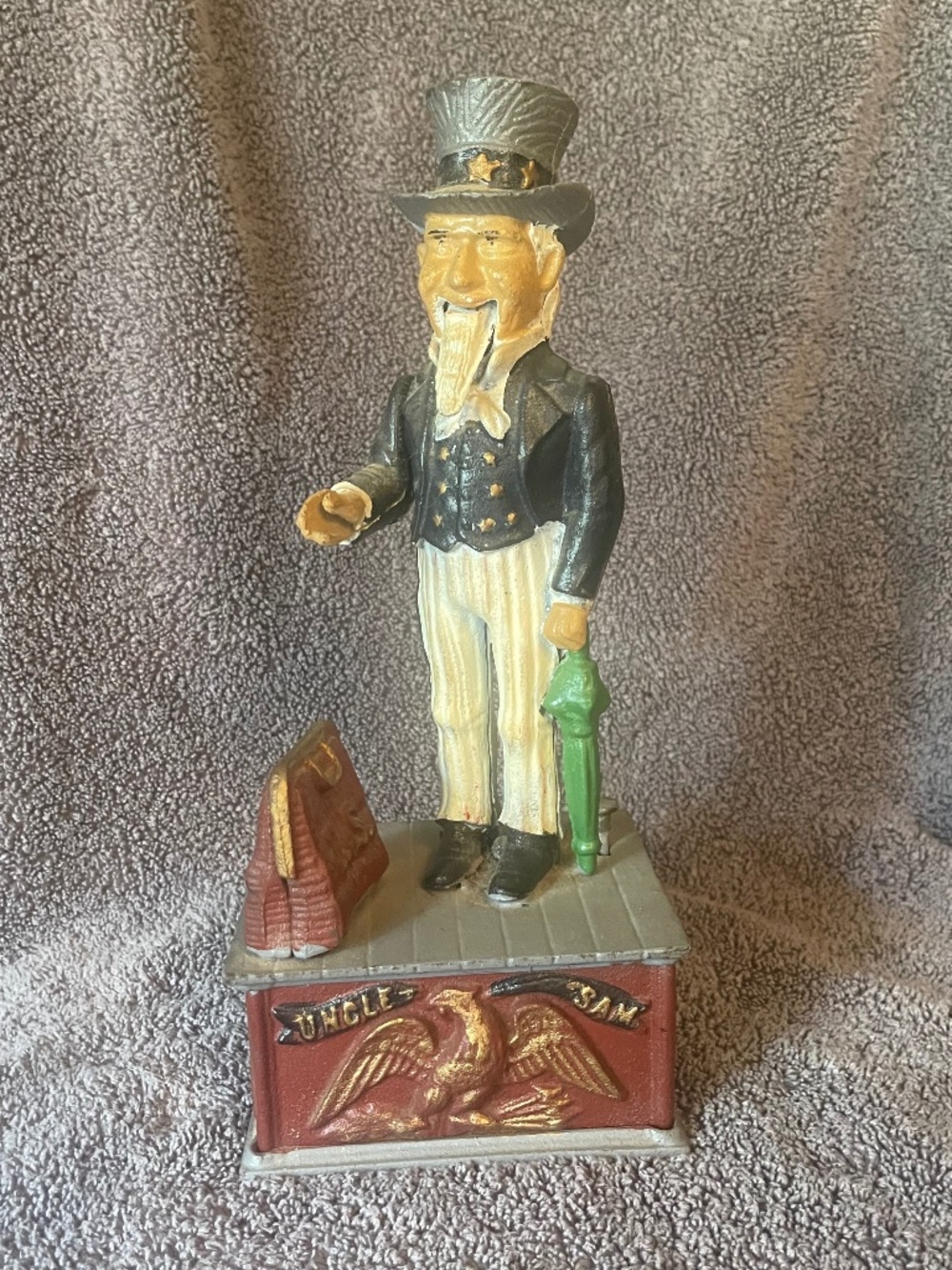 UNCLE SAM Patriotic Cast Iron Mechanical Coin Bank